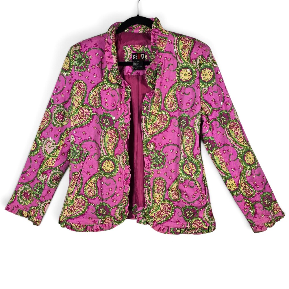 REDD Jeans Jacket Women 10 Ruffle Pink Paisley Sequin Pearl Embellished Boho Y2K